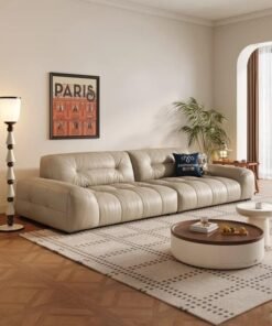 Modern Tufted Leather Sofa - 4-Seater, Beige