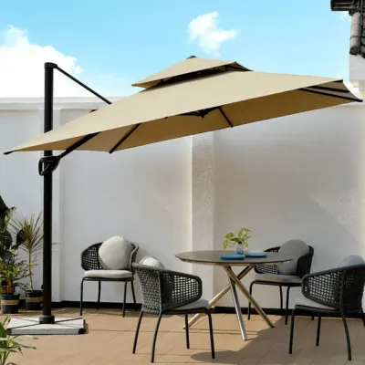 Sunshade Aluminium Garden Umbrella with Rotating Handle Stylish Outdoor Patio Decor and UV-Resistant Canopy (Khaki) - Image 2