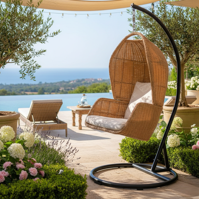 Escyz Wicker Relaxation Patio Hanging Egg Swing with Stand and Cushion for Garden, Balcony, and Bedroom - Image 3