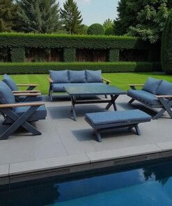 9-Seater Cross Legs Dark Grey Aluminium Garden Sofa with Big Table Wooden Color Arm Rests - Image 4