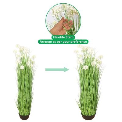 Yatai Decor Artificial Grass White Flower Plant | Faux White Flower with Grass in Pot |Indoor Floor Plant for Home, Office, Event & Outdoor Decor | Realistic Look - Image 4