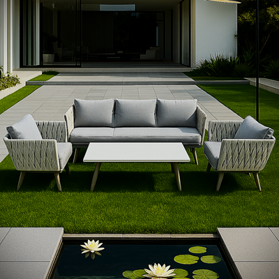 Luxury Premium Rope Design Garden Sofa with Marble Top Table - Aluminium Frame + PVC Fibre Rope - Image 2