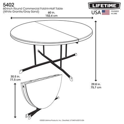 Lifetime 60 Inch, Round Commercial, Fold-in-Half Table,10 Year Limited warranty, White Granite Colour, LFT-5402 - Image 4
