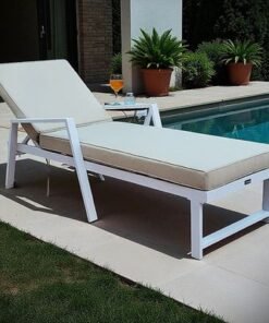 Premium White Aluminium Outdoor Sun Lounger with Adjustable Backrest – Beige Cushions , 2x Sunbeds - Image 4