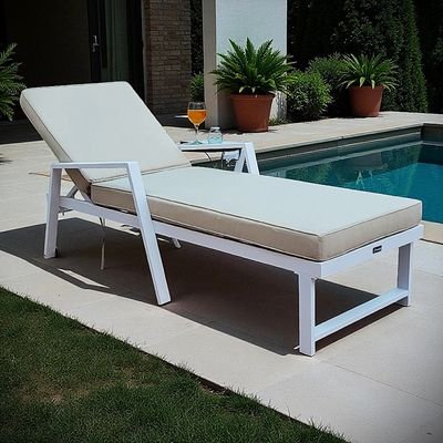 Premium White Aluminium Outdoor Sun Lounger with Adjustable Backrest – Beige Cushions , 2x Sunbeds - Image 4