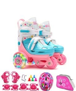 Y&D Flash Skating Shoes Kids Beginner Roller Skating Shoes Set Children Skates with Kneepad Elbow Pads Helmet Roadblock Backpack Roller Skates