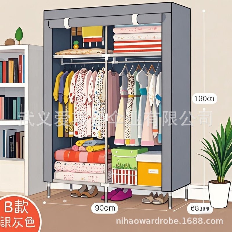 Simple Wardrobe Double Wardrobe Steel Frame Assembled Cloth Wardrobe Locker Dormitory Storage Cabinet Economical Clothes Hanging Cabinet