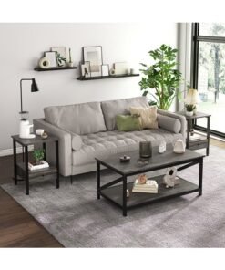 Alternative view of 2-Tier Industrial Coffee Table, 100cm Wooden Low Table with Open Shelf Storage and Metal Frame for Living Room, Modern Center Table Simple Sofa Side Table for Home Office, CJ012 (Grey)