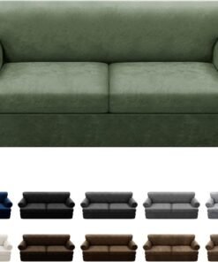 Pfrstuv Store 3-Pieces T Cushion Sofa Slipcovers Leather Look Couch Cover for 2 Cushion Couch Furniture Protector Stretch Sofa Cover with 2 Individual T Cushion Seat Covers Washable, Army Green