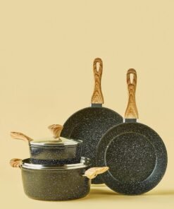 Noon East 6-Piece Cookware Set Aluminum Pots And Pans Non-Stick Surface Wood Finish Handles Tempered Glass Lids PFOA Free - Casserole With Lid, Saucepan With Lid, Frying Pan Black