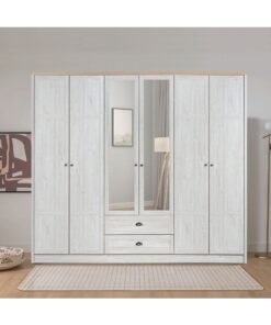 DANUBE HOME Cambridge 6-Door Wardrobe With 2 Drawers And Mirror Spacious Bedroom Storage Stylish Wardrobe With Drawers Full-Length Mirror Durable And Elegant Home Décor - Oak And White Oak