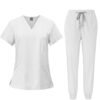 NiaaHinn Men Women's Medical Scrubs Set V-neck Top & Tapered Leg Jogger Pants with Drawstring Medical Nurse Uniform for Hospital Scrub Suit Uniforms for Summer (White)
