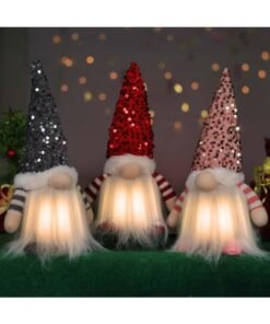 Chielor 3 Pack Scandinavian Christmas Gnomes Plush with LED Lighting Beard, 12" Handmade Swedish Santa Gnome Plush Sequin Hat Christmas Decor at Night Elf Doll Gnome Ornaments in Red