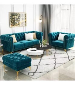 Maharat Al Bahar MAB FURNISHINGS Modern Classic 4 Seater Velvet Button Tufted Chesterfield Sofa Set with Footrest for Living Room and Office (Teal Green)