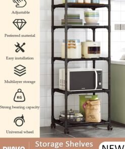 DUNISO 5 Tier Storage Shelves, Stable Kitchen Shelf Organizer, Storage Rack with Wheels, Removable Free Standing Rack with Hooks, Multipurpose Rack, Shelving Unit for Warehouse Basement Kitchen Living Room pantry