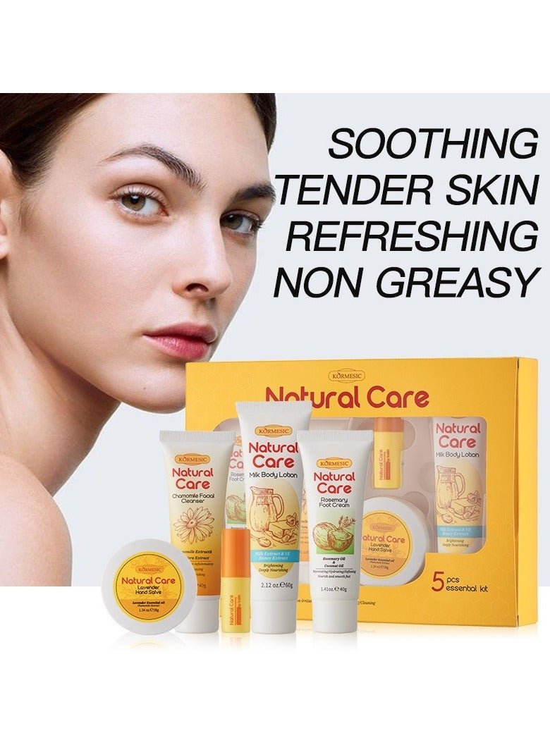 Kormesic Rosemary Foot Cream 40g + Chamomile Cleanser 40g + Milk Body Lotion 60g + Beeswax Lip Balm 4g + Lavender Hand Cream 38g