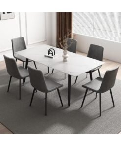 SULSHA Dining Table Set 6 Seater with White Rectangular Marble Top Finish and Steel Legs, Grey PVC Leather Dining Chairs, Modern Dining Table Set for Dining Room and Living Space