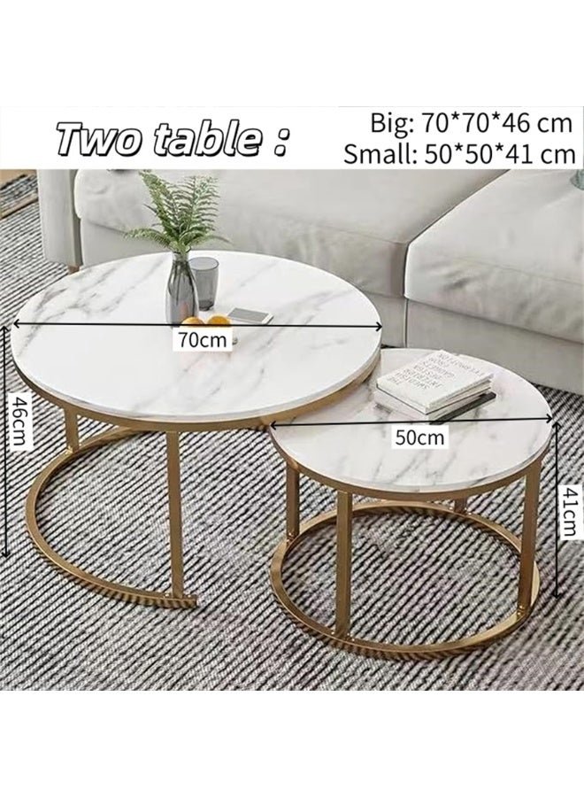 Dining Coffee Table Sets, 2 End Tables with Metal Frame and Legs, Round Sofa Tea Table Faux Marble Nesting Modern Side Desk Center Table for Home Office Living Room (White, CJ022) - Image 3