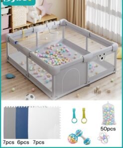 Bybeo Baby Playpen Fence With Playmat, Infant Indoor And Outdoor Kids Activity Center With 50 Pieces Ocean Balls, 3 Toys, 120x150 cm