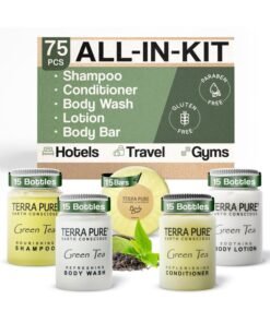 Terra Pure Hotel Soaps and Toiletries Bulk Set | 1-Shoppe All-In-Kit Amenities for Hotels | 1oz Hotel Shampoo & Conditioner, Body Wash, Body Lotion & 1.25oz Bar Soap Travel Size Toiletries | 75 Pieces