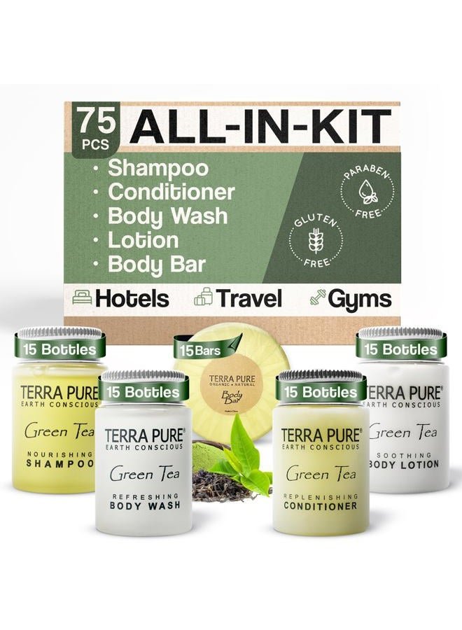 Terra Pure Hotel Soaps and Toiletries Bulk Set | 1-Shoppe All-In-Kit Amenities for Hotels | 1oz Hotel Shampoo & Conditioner, Body Wash, Body Lotion & 1.25oz Bar Soap Travel Size Toiletries | 75 Pieces