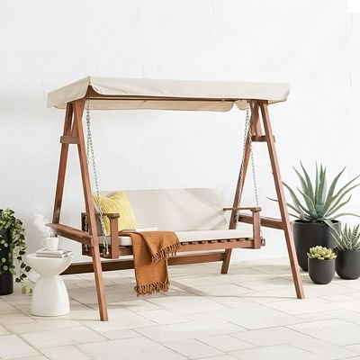 Camry 2-Seater Wooden Swing with Canopy-Brown/Beige - Image 2
