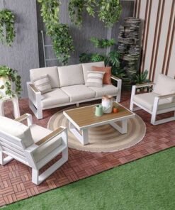 Croma 5-Seater Sofa Set with Coffee Table - White/Teakwood - With 2-Year Warranty - Image 3