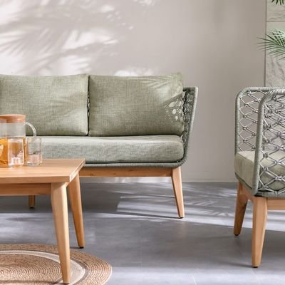 Olive 5-Seater Sofa Set - Olive Green/Natural Wood - With 2-Year Warranty - Image 5