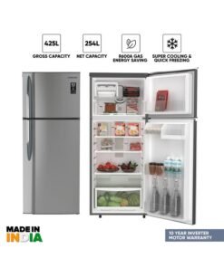 NIKAI 425L Gross / 254L Net, Double Door Top Mount Refrigerator, No Frost Fridge, Toughened Glass Shelves, R600A Refrigerant, Best For Home And Office, 10 Years Inverter Compressor Warranty, Made In India 400.04 kW NRF425FSS Grey