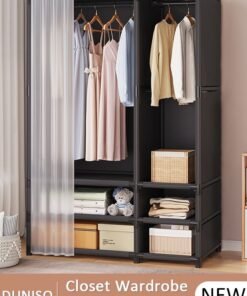DUNISO Portable Fabric Wardrobe, Closets for Hanging Clothes with Hanging Rods, Large Capacity Clothes Storage Cabinet with Curtain, Storage Organizer for Bedroom Living Room