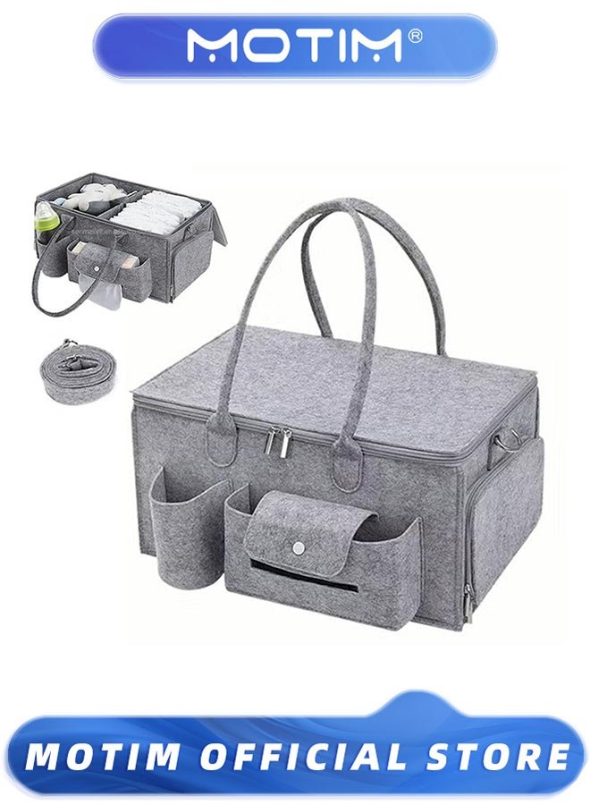 Motim 15.7 * 9.4 * 7.9 Inch Baby Diaper Caddy Organizer Portable Diapers Storage Tote Bag with Roll Lid and Removable Dividers for Changing Table or Car