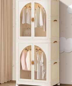 Foldable Storage Bins Stackable Storage Box Organizer Plastic Folding Stoarge Wardrobe Cabinet with Doors and Wheels for Home Bedroom Dormitory