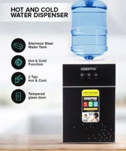 GEEPAS Hot And Cold Water Dispenser | Stainless Steel Water Tank With Fast Cooling And 2 Taps, Hot And Cold| Cold Temperature: 5-10 Degrees Celsius; Hot Temperature: 85-90 Degrees Celsius| Desk Top Dispenser, Perfect For Home And Office| 1 Year Warranty GWD17033 Black