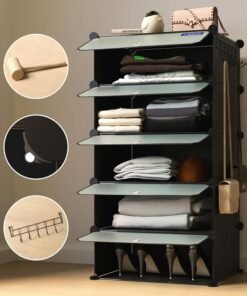 BOXJOY 5 Shelf Plastic Almirah Wardrobe Racks with Door Magnets & 5 Hook Steel Holder for Clothes Storage Collapsible Foldable Multipurpose Cupboard Organizer for Baby Kids Bedroom Toys (Black)