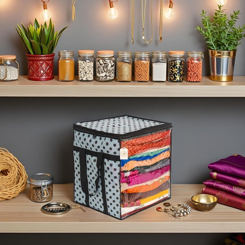 Shaping Fabric Premium Saree Storage Bag with Transparent Window and Polka Dot Design