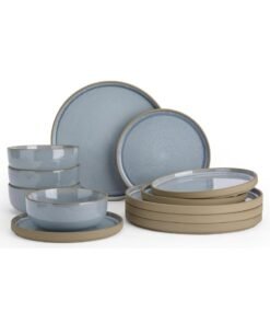 Famiware Nature 12 Piece Stoneware Dinnerware Set, Set for 4, Scratch Resistant, Microwave & Dishwasher Safe, Light Blue