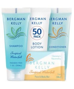 BERGMAN KELLY Hotel Toiletries Bundle (Tropical Waterfall, 1 oz each, 200 Pieces) 4-Piece Set: 50 Rectangular Bar Soap, 50 Shampoo, 50 Conditioner & 50 Body Lotion - Bulk Mini Guest Amenities