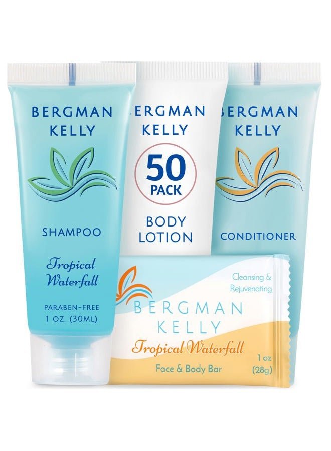 BERGMAN KELLY Hotel Toiletries Bundle (Tropical Waterfall, 1 oz each, 200 Pieces) 4-Piece Set: 50 Rectangular Bar Soap, 50 Shampoo, 50 Conditioner & 50 Body Lotion - Bulk Mini Guest Amenities