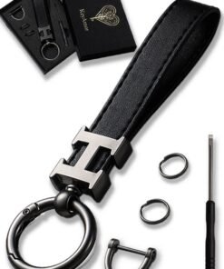 KeyAmor Elegant metal and leather keychain car keyholder for men . H letter  keychain , Stylish car keychain with 3 key rings, perfect as a fancy gift or car accessories. Features an elegant and refined black colour and comes in a fancy gift box.