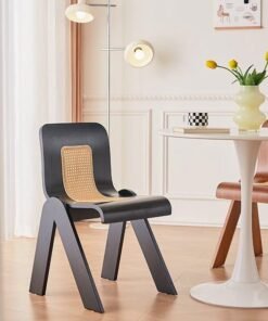 fashionhome Multipurpose Use Curve Design Comfortable Solid Wood Dining Chairs Kitchen Chair Breathable Rattan Woven Chair Desk Chair High Backrest Leisure Chair for Restaurant Hotel Bedroom 45x50x76 cm