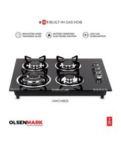 Olsenmark 4 in 1 Built In Gas Hob OMCH1823, 8 mm Black Tempered Glass Top, 4 Brass Burners, Low Consumption and Improved Flow, Battery and Electronic Auto Ignition OMCH1823 Black