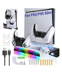 Ipega Wall Mount Kit for PS5 Slim/PS5 Console,Dual Charging Station Compatible with Playstation 5 Accessories (Disc ,Digital) with 15 RGB Light, 3 USB HUB, Headset Holder