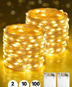Tersely [2 Pack] Fairy Christmas Diwali Ramadan Lights Battery Operated, 10M/33ft/100 LED Warm White String Light, Waterproof Battery Case, Indoor Lights for Xmas Tree Wedding,Party Events Garden Spring Decoration