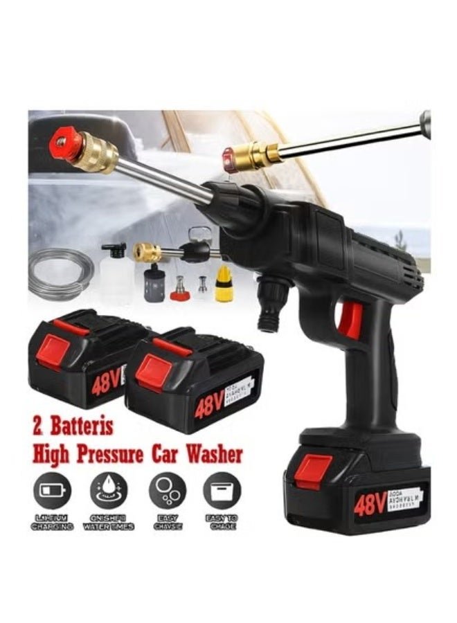 Portable High Pressure Water Gun,Rechargeable Cordless Pressure Washer With Tow 48V Lithium Battery, 5 m Hose and 3 Nozzles, Portable Washer Gun or Electric Washing Gun for Washing Cars, Floors, Garden.