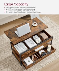 VASAGLE Lift Top Coffee Table, Living Room Table, with Storage Drawers, Hidden Compartments, and Open Shelf, Rustic Brown and Ink Black - Image 3