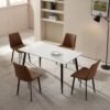 ALWASIT HOME Dining Table Set 4 Seater with White Rectangular Marble Top Finish and Steel Legs, Brown PVC Leather Dining Chairs, Modern Dining Table Set for Dining Room and Living Space