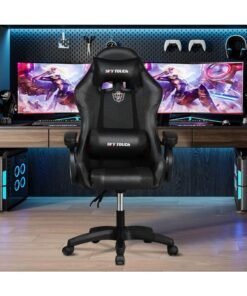 SKY-TOUCH Gaming Chair, Adjustable Height Ergonomic Computer Chair, PU Leather High Back Gamer Chair with Padded Armrests | Headrest | Ergonomic Design Lumbar Support|Swivel Wheels, Black 53*60*120cm