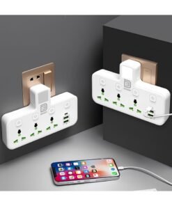 DANEEN 6-in-1 Multi plug power extension socket 3 Outlets, 2 USB Ports, 1 Type-C, LED Night Light, Surge protector, Universal plug adapter 2500W for multiple devices (White)(Model: YS-T06)