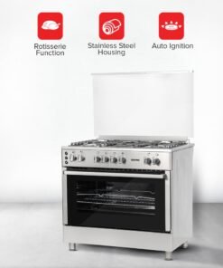 GEEPAS 5 Gas Burners 90x60 Full Safety Gas Cooking Range With  Rotisserie Oven With Double Oven Lamp, Convention Fan, Auto Ignition With Timer GCR9077FTCST Silver/Black