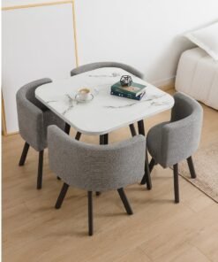 Harmony Home 5-Piece Square Dining Table Set – marble-textured top Table with 4 Upholstered PU leather Chairs, Small Dining Room Furniture